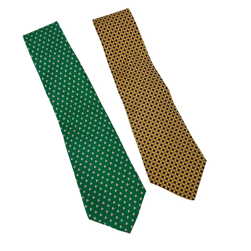 Lot of 2 Lauren Ralph Lauren Silk Neckties Green Sailboat & Yellow Geometric Tie